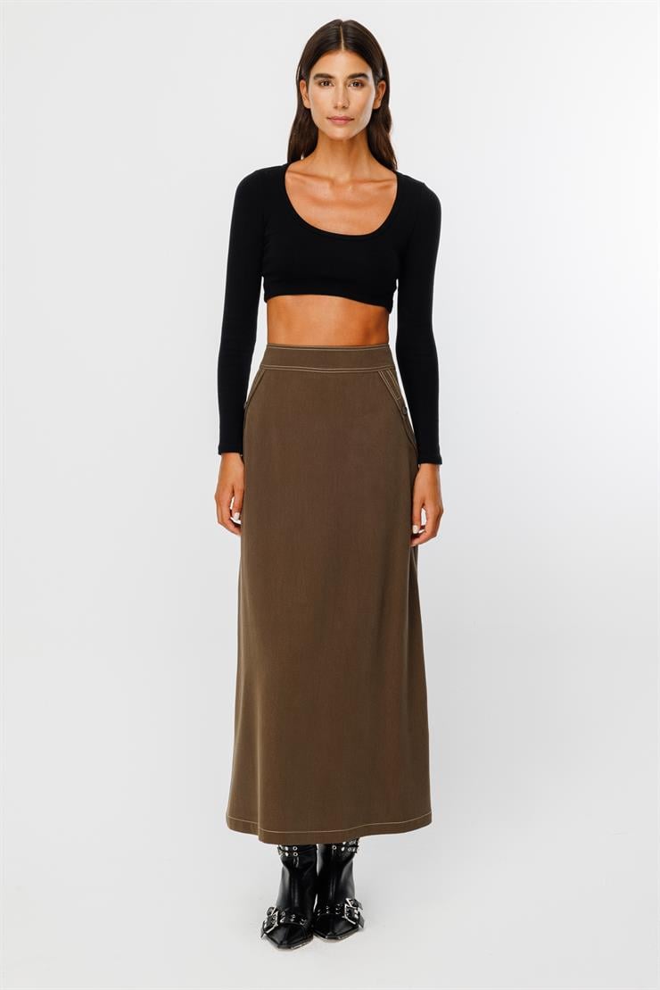 Modailgi  Düğme Detaylı Uzun Etek  - 7053,1561 Haki