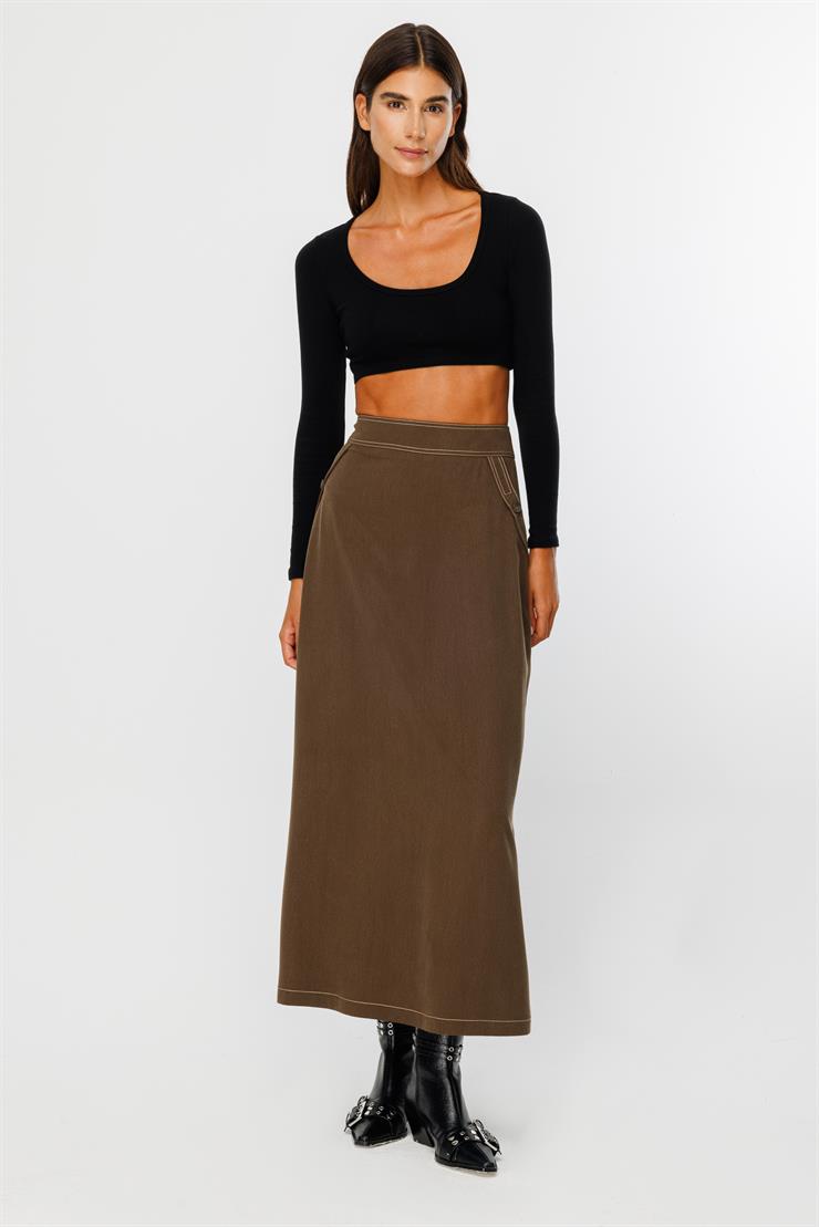Modailgi  Düğme Detaylı Uzun Etek  - 7053,1561 Haki
