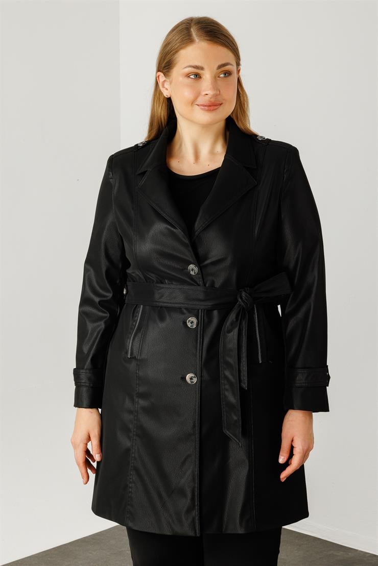 Modailgi  Düğme Kapamalı Uzun Deri Trençkot Siyah
