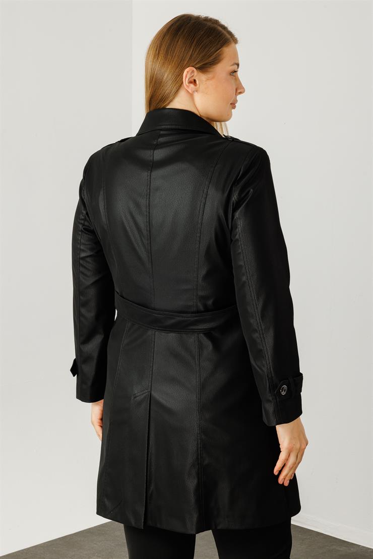 Modailgi  Düğme Kapamalı Uzun Deri Trençkot Siyah