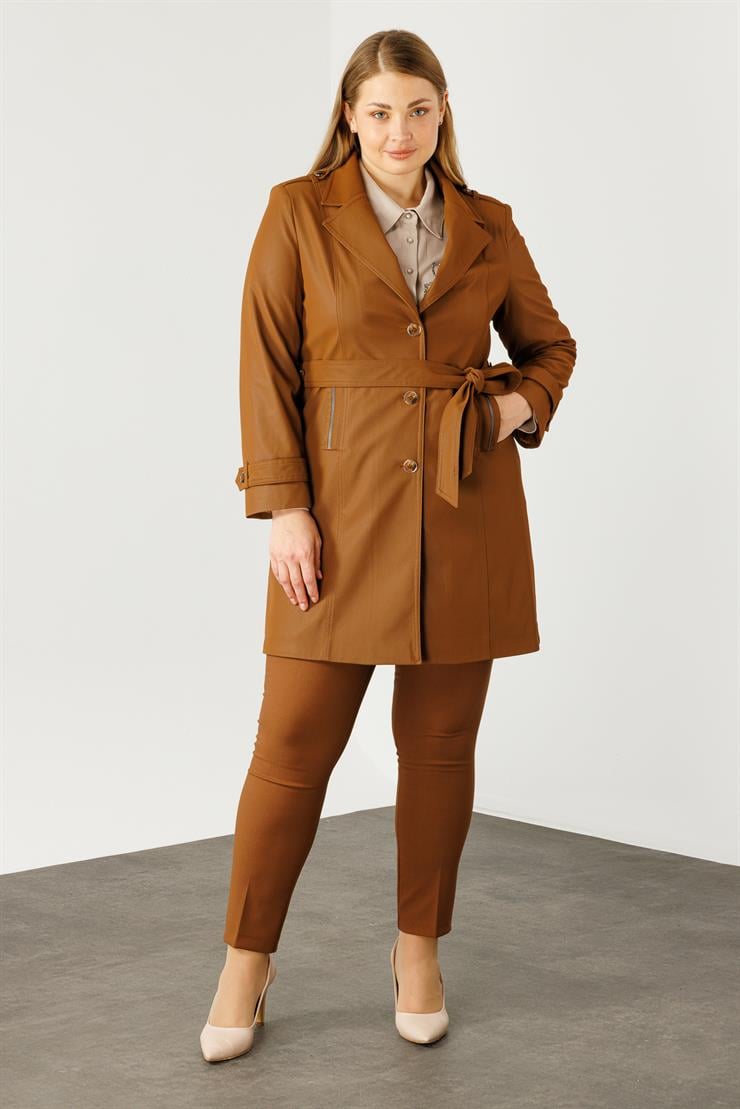 Modailgi  Düğme Kapamalı Uzun Deri Trençkot Taba