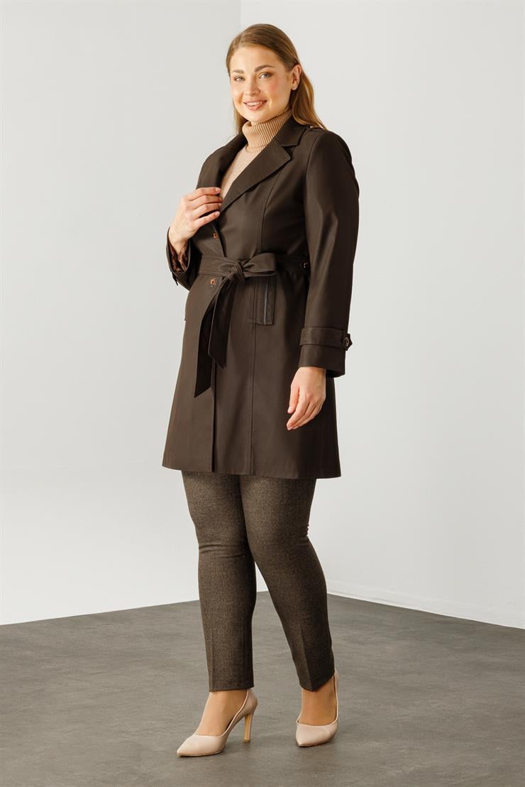 Modailgi  Düğme Kapamalı Uzun Deri Trençkot Kahve