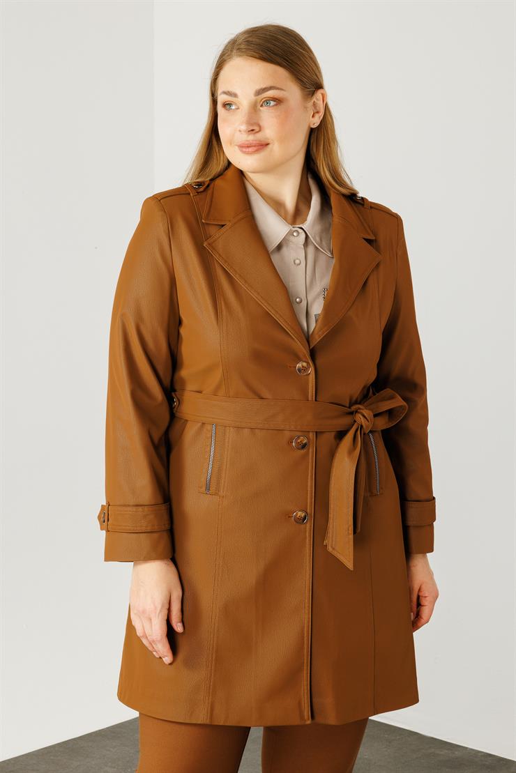 Modailgi  Düğme Kapamalı Uzun Deri Trençkot Taba