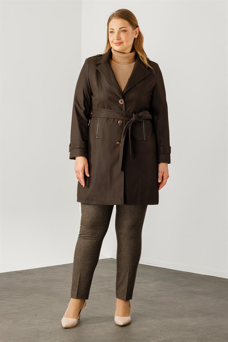 Modailgi  Düğme Kapamalı Uzun Deri Trençkot Kahve