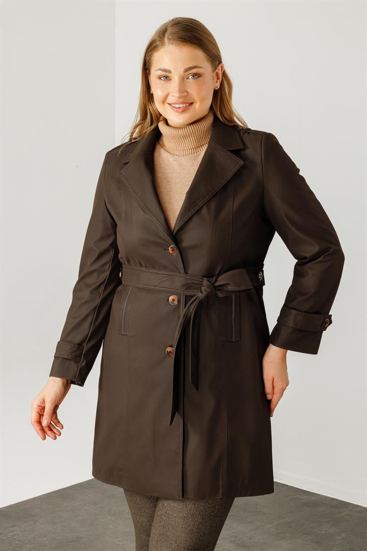 Modailgi  Düğme Kapamalı Uzun Deri Trençkot Kahve