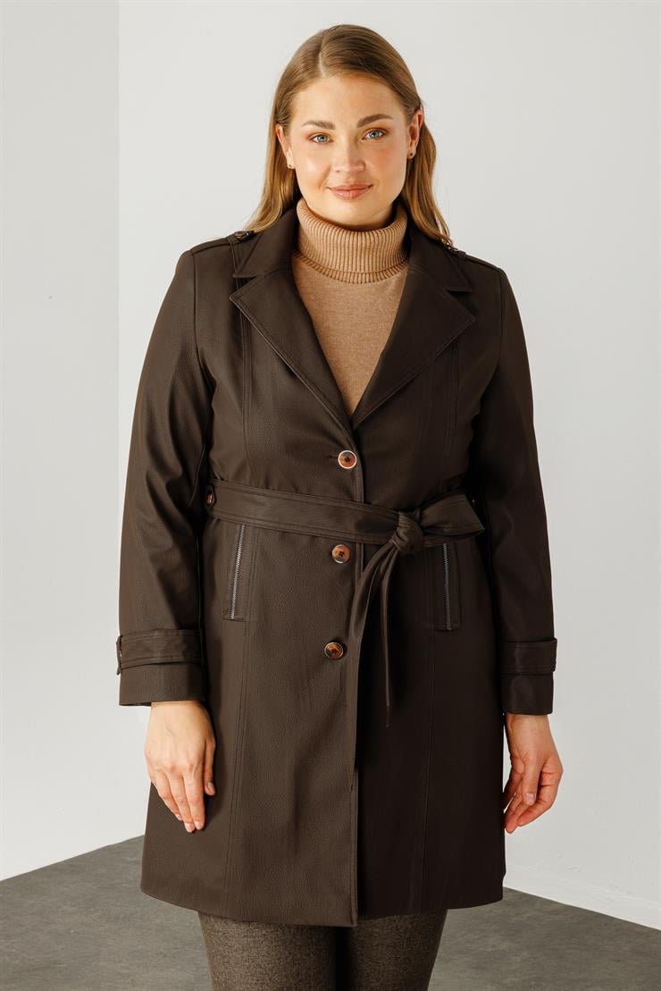 Modailgi  Düğme Kapamalı Uzun Deri Trençkot Kahve