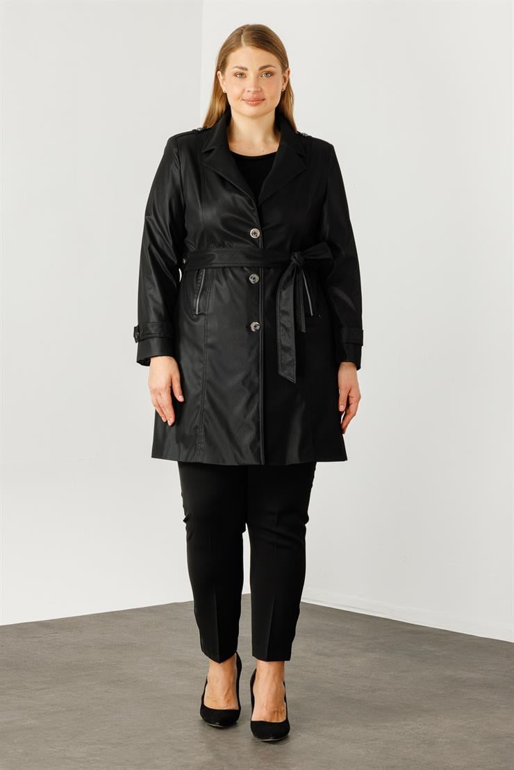 Modailgi  Düğme Kapamalı Uzun Deri Trençkot Siyah