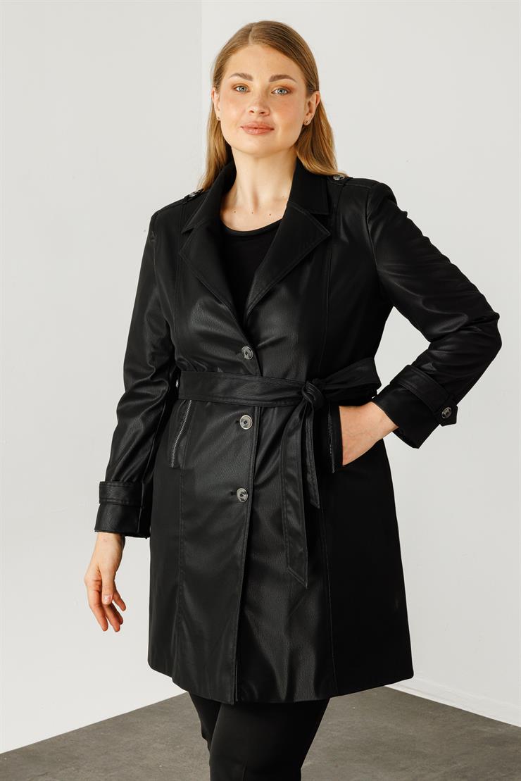 Modailgi  Düğme Kapamalı Uzun Deri Trençkot Siyah