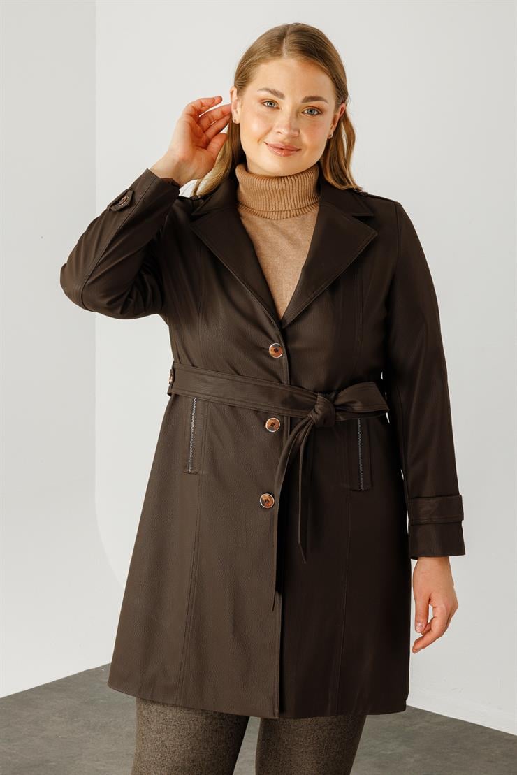 Modailgi  Düğme Kapamalı Uzun Deri Trençkot Kahve
