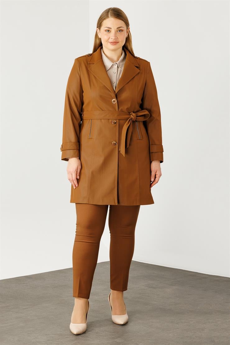 Modailgi  Düğme Kapamalı Uzun Deri Trençkot Taba
