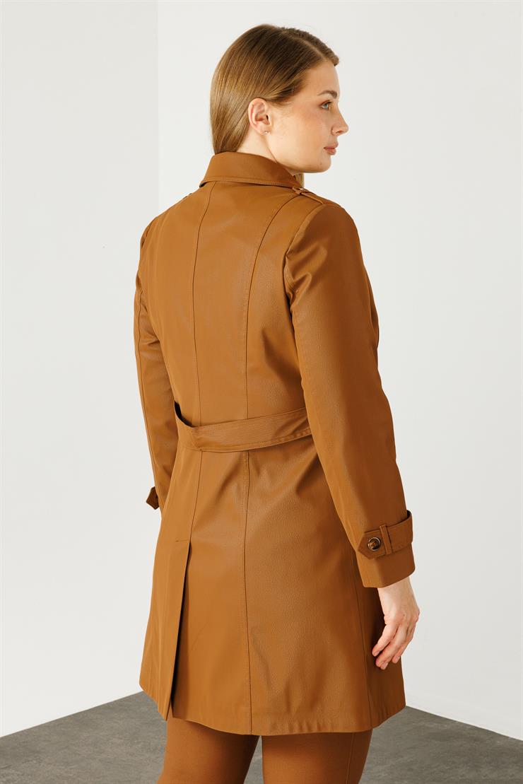 Modailgi  Düğme Kapamalı Uzun Deri Trençkot Taba