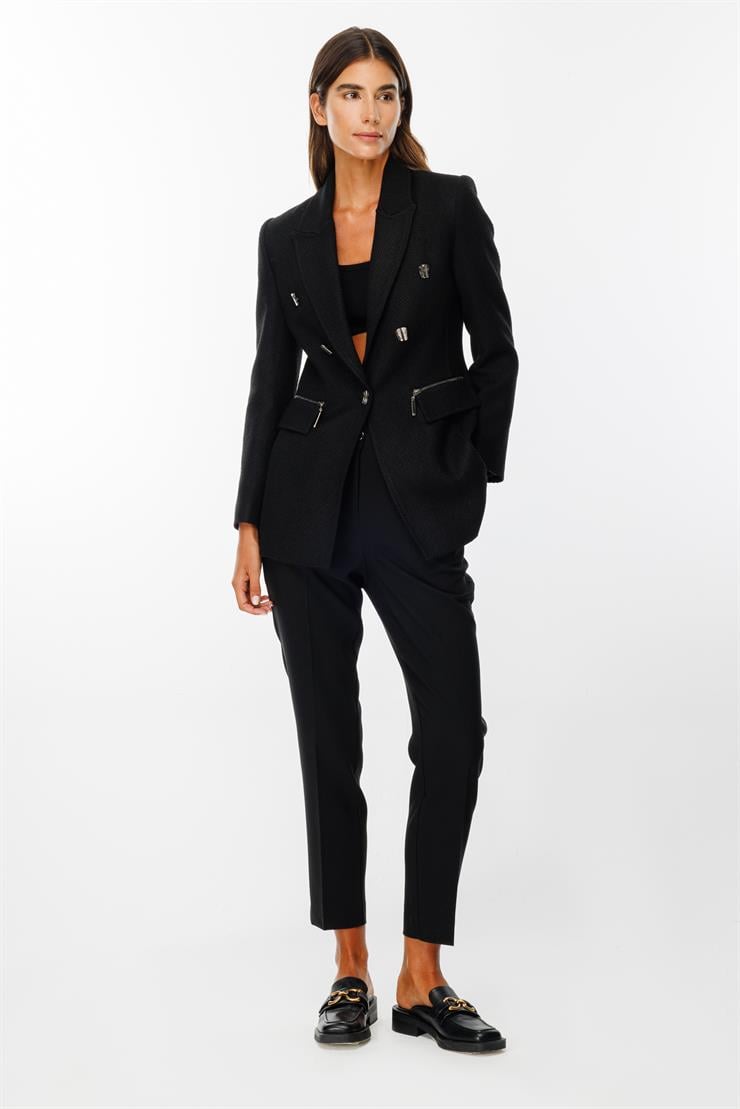 Modailgi  Düğme ve Fermuar Detaylı Tweed Ceket Siyah