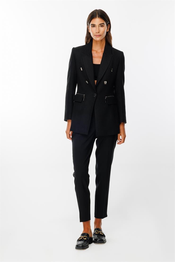 Modailgi  Düğme ve Fermuar Detaylı Tweed Ceket Siyah