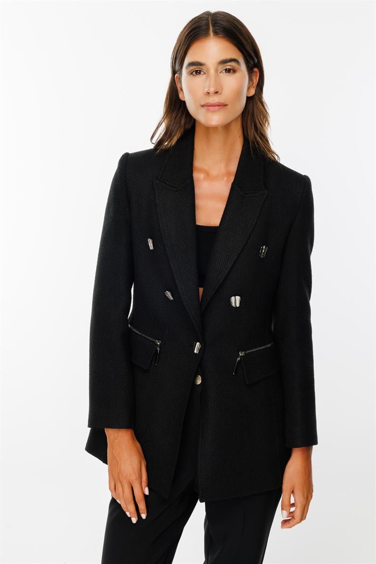 Modailgi  Düğme ve Fermuar Detaylı Tweed Ceket Siyah