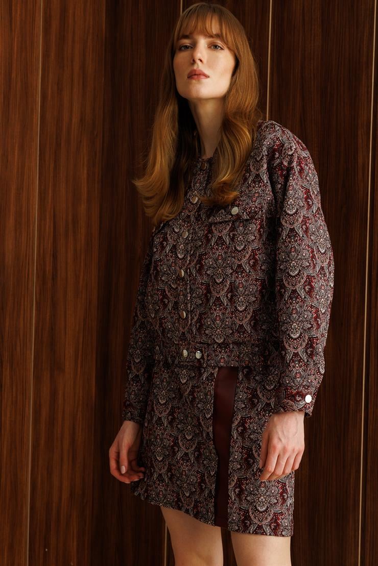 Modailgi  Düşük Kol Robalı Cepli Astarlı Kısa Oversize Bomber Jakar Ceket Bordo