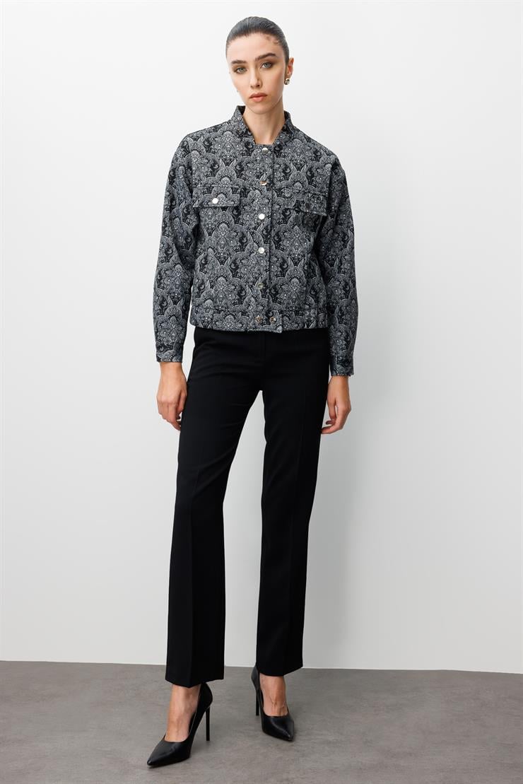 Modailgi  Düşük Kol Robalı Cepli Astarlı Kısa Oversize Bomber Jakar Ceket Siyah