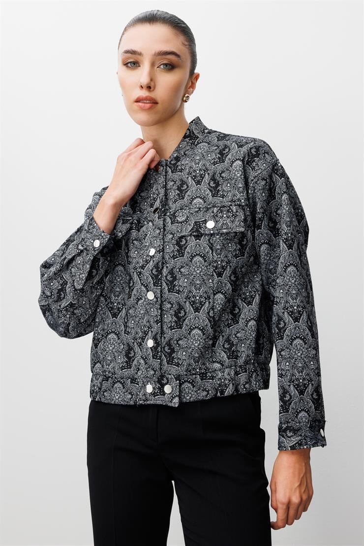 Modailgi  Düşük Kol Robalı Cepli Astarlı Kısa Oversize Bomber Jakar Ceket Siyah