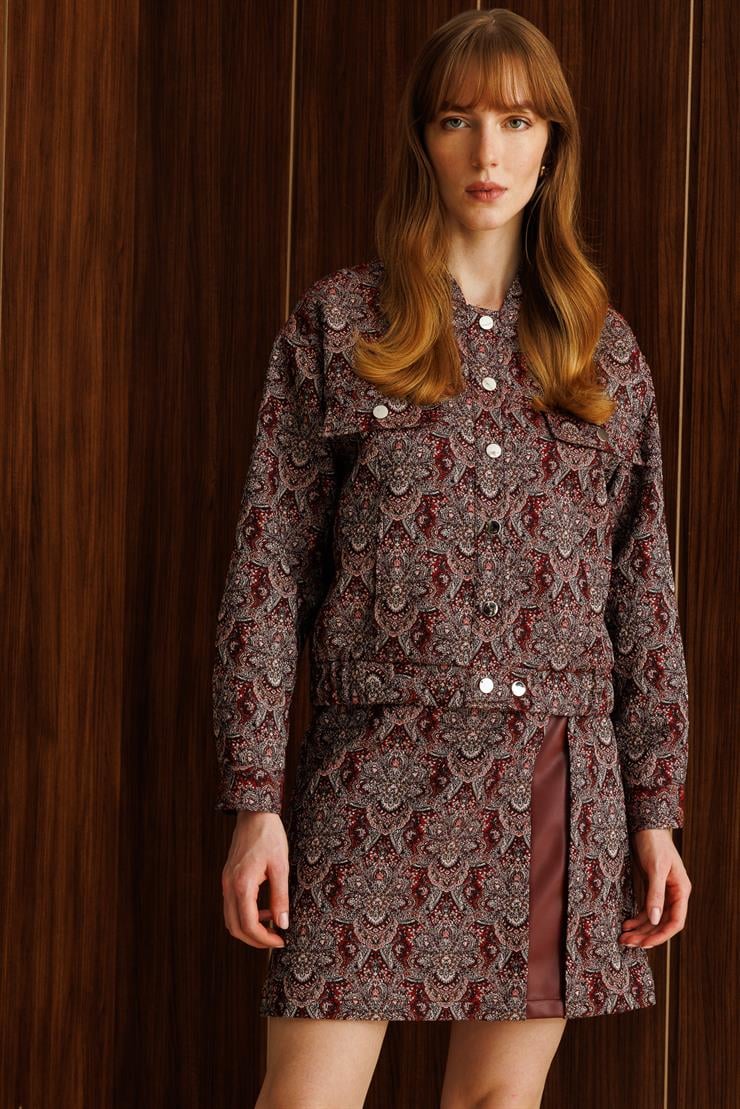 Modailgi  Düşük Kol Robalı Cepli Astarlı Kısa Oversize Bomber Jakar Ceket Bordo