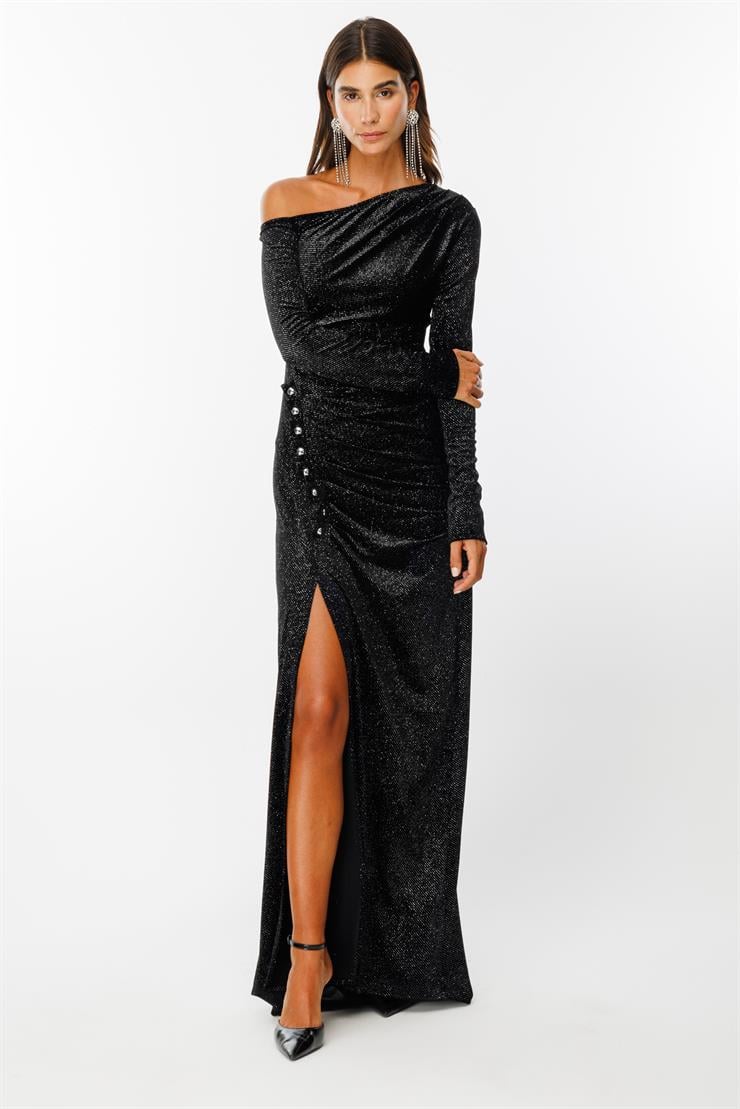 Modailgi  Düşük Kollu Yırtmaçlı Kadife Uzun Elbise Siyah