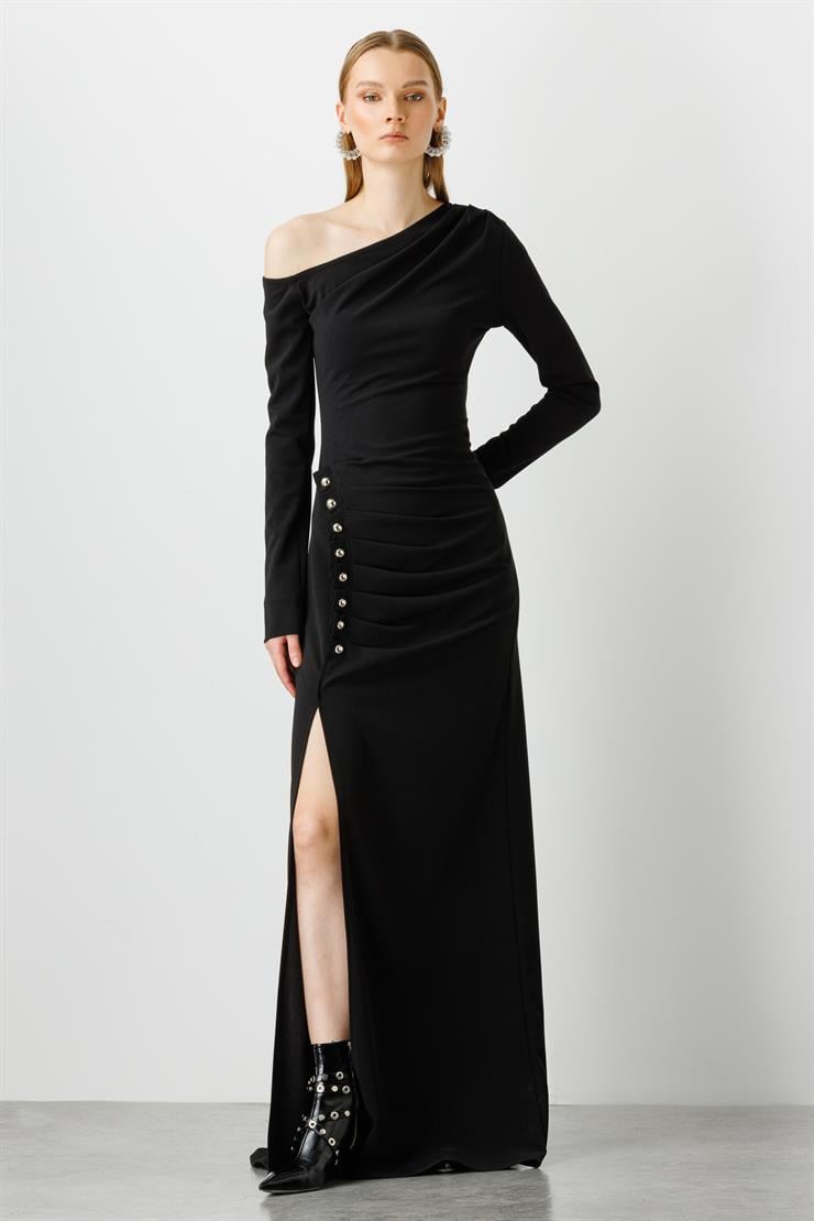 Modailgi  Düşük Kollu Yırtmaçlı Uzun Elbise Siyah