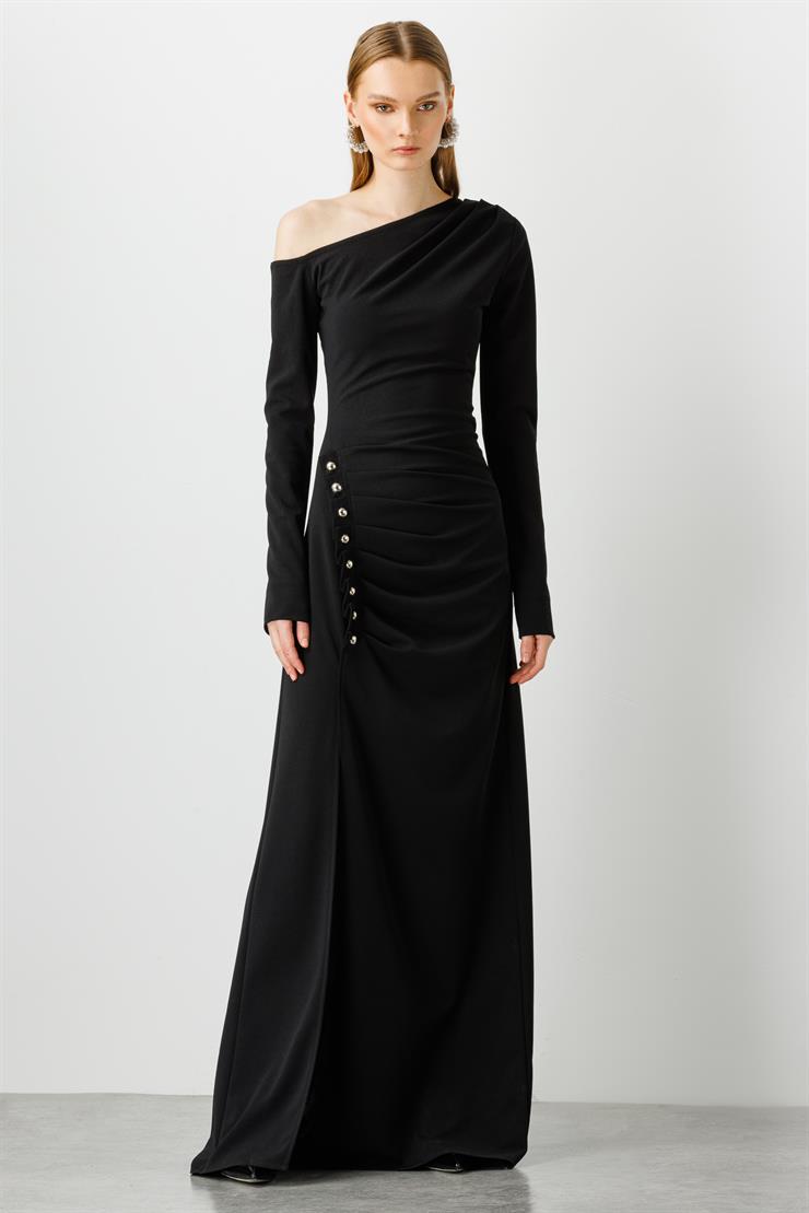 Modailgi  Düşük Kollu Yırtmaçlı Uzun Elbise Siyah