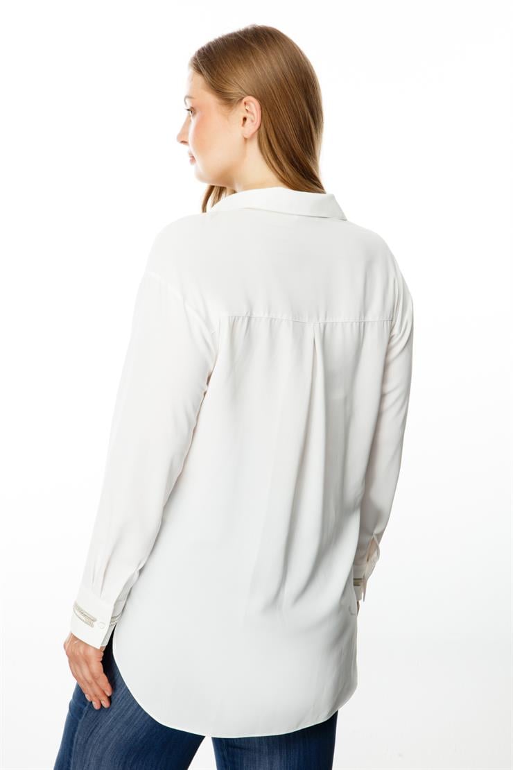 Modailgi  Düşük Omuz Robalı Taş Detaylı Gömlek Ekru