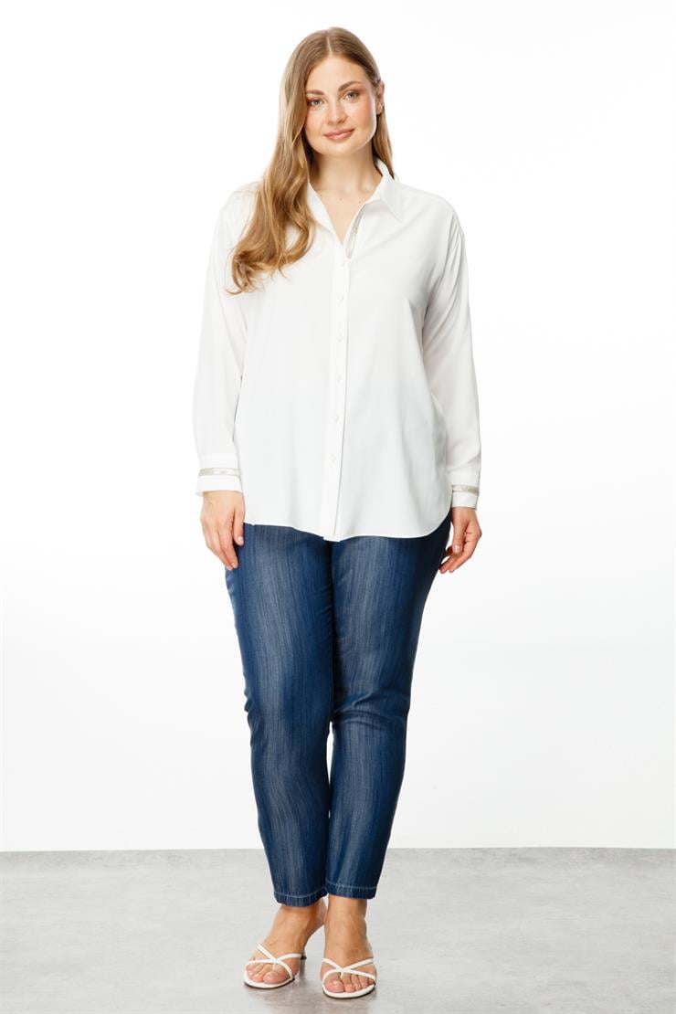 Modailgi  Düşük Omuz Robalı Taş Detaylı Gömlek Ekru