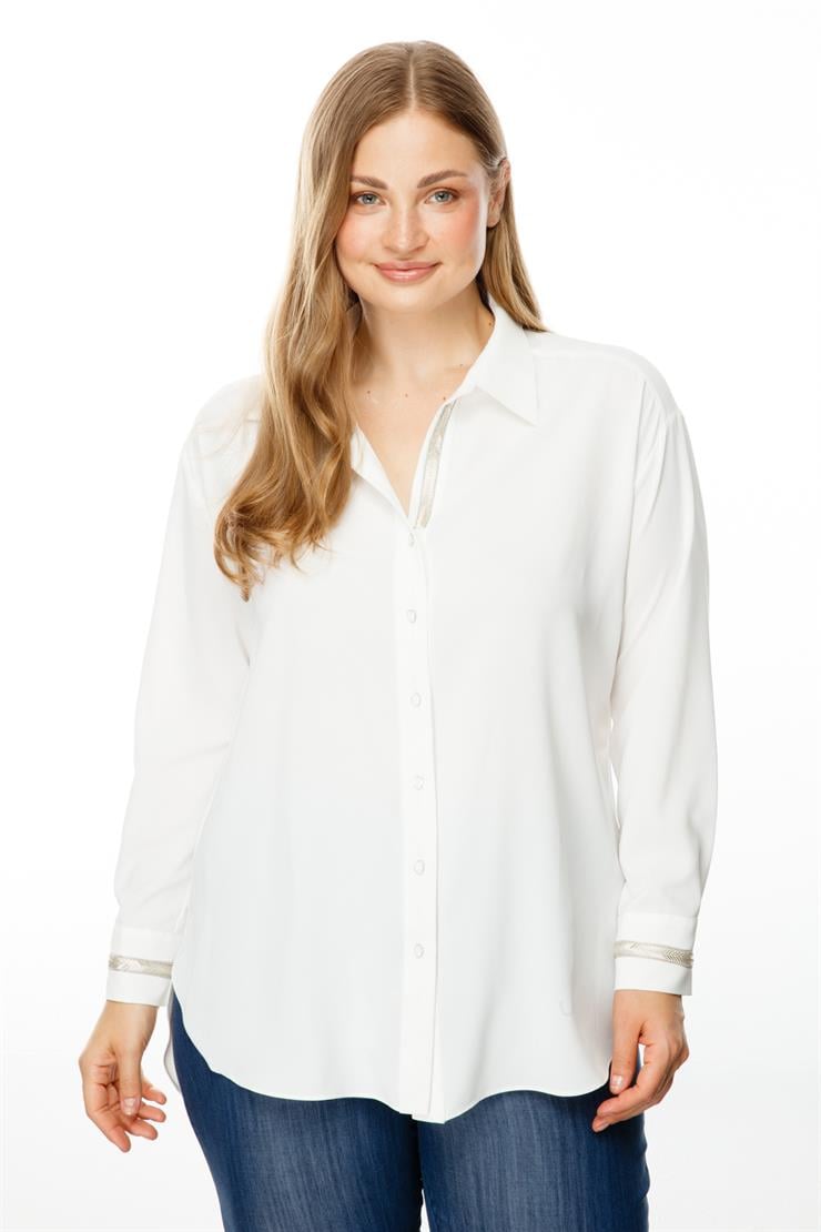 Modailgi  Düşük Omuz Robalı Taş Detaylı Gömlek Ekru