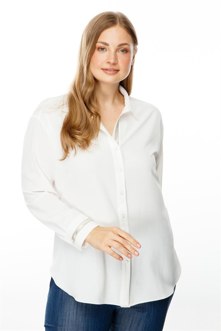 Modailgi  Düşük Omuz Robalı Taş Detaylı Gömlek Ekru