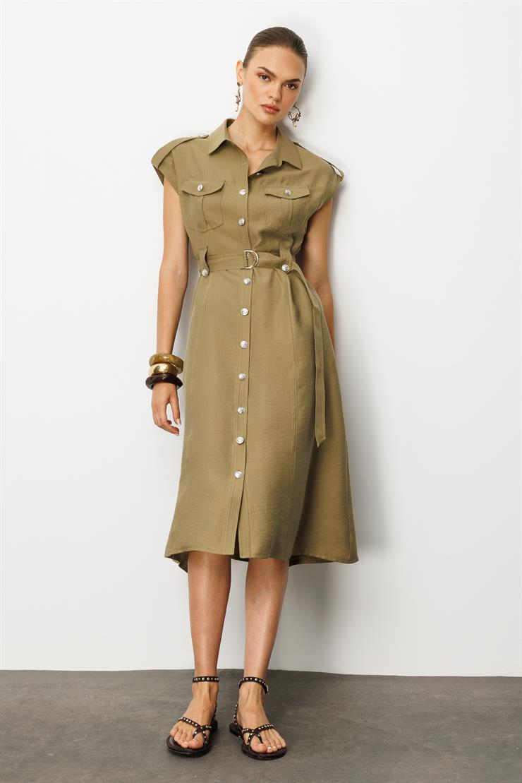 Modailgi  Düşük Omuzlu Apolet ve Kuşak Detaylı Düğme Kapamalı Midi Boy Elbise Haki