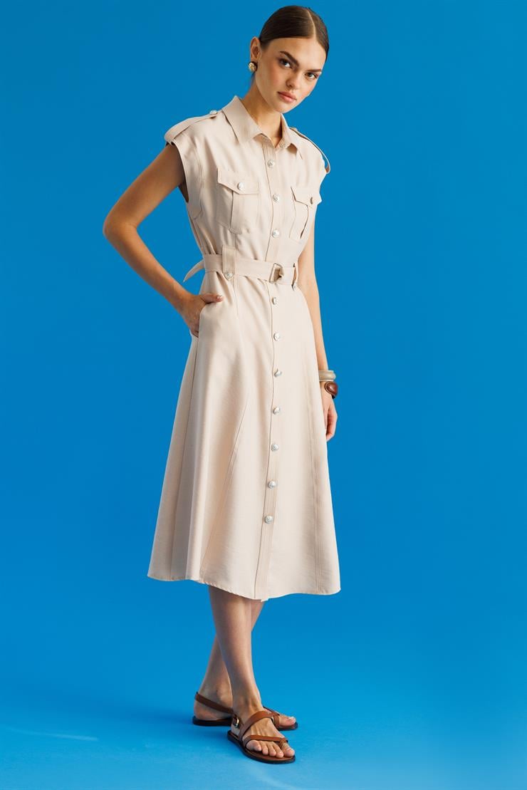 Modailgi  Düşük Omuzlu Apolet ve Kuşak Detaylı Düğme Kapamalı Midi Boy Elbise Bej