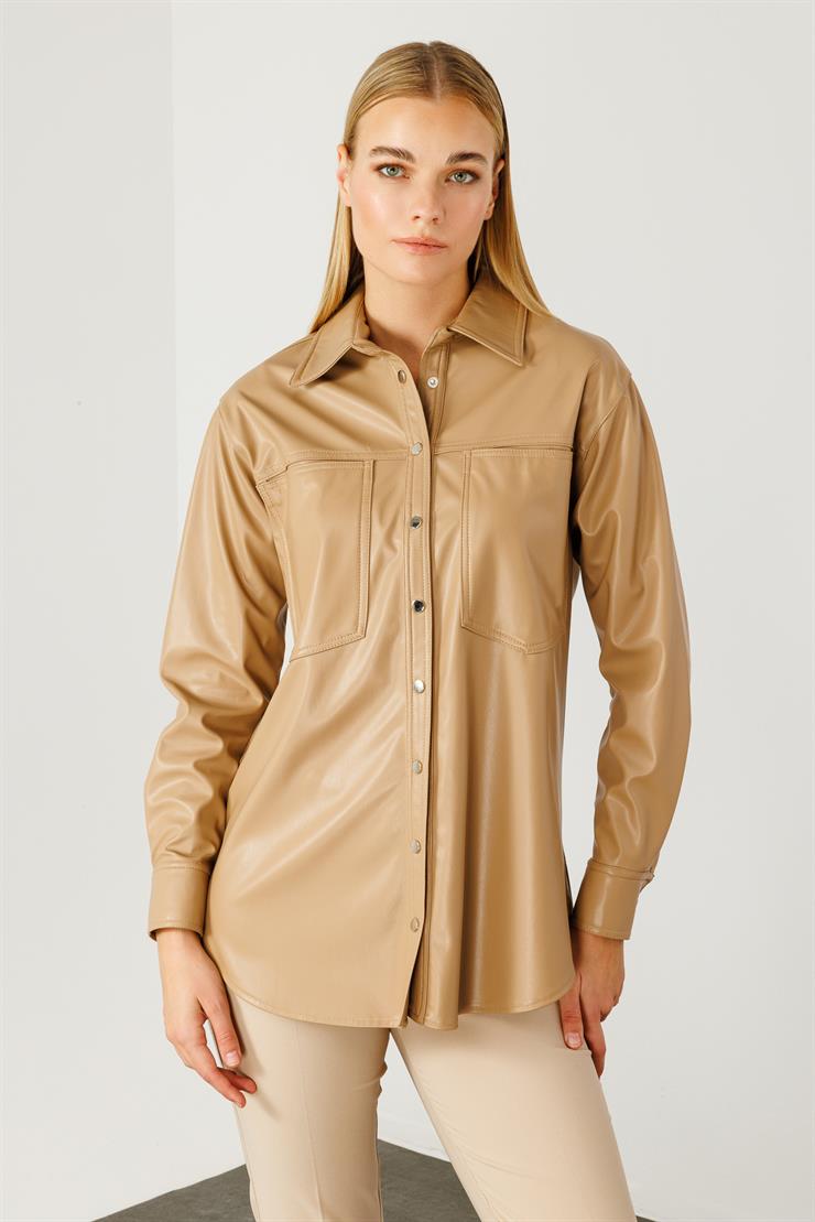 Modailgi  Düşük Omuzlu Deri Gömlek Camel