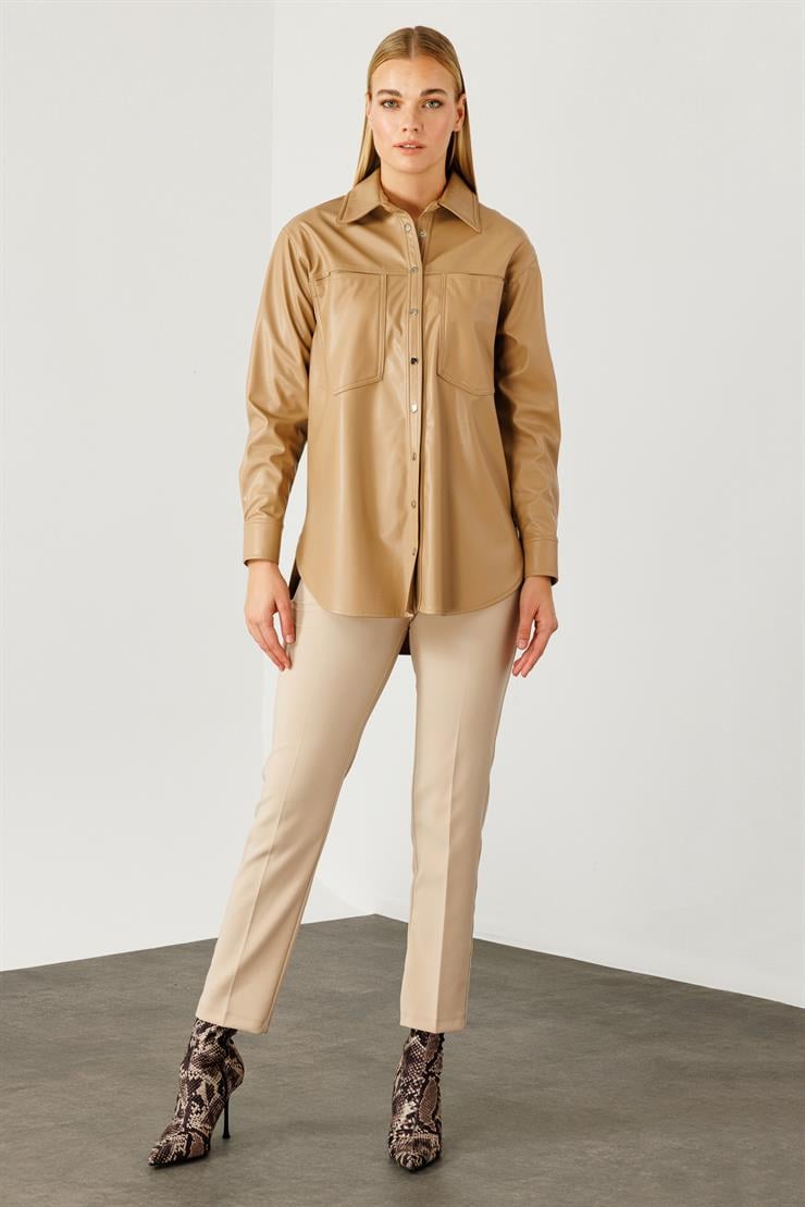 Modailgi  Düşük Omuzlu Deri Gömlek Camel