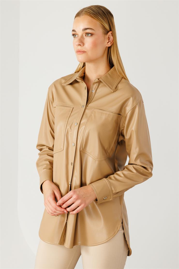 Modailgi  Düşük Omuzlu Deri Gömlek Camel