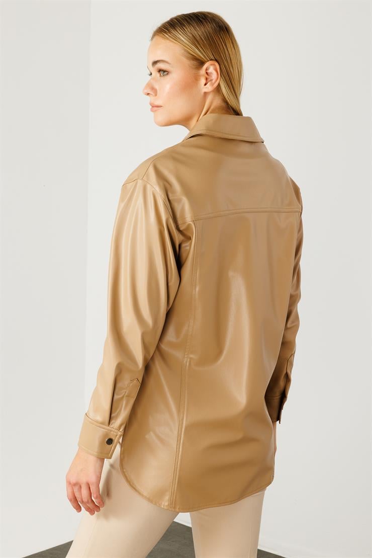 Modailgi  Düşük Omuzlu Deri Gömlek Camel