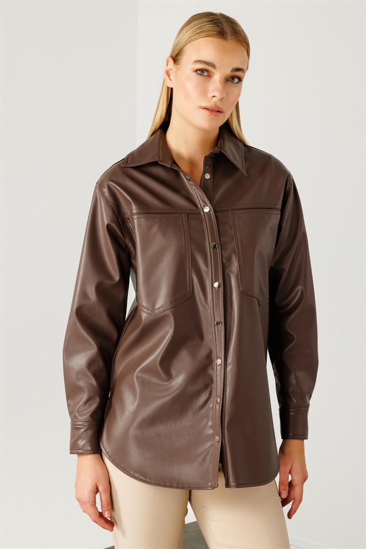 Modailgi  Düşük Omuzlu Deri Gömlek Kahve