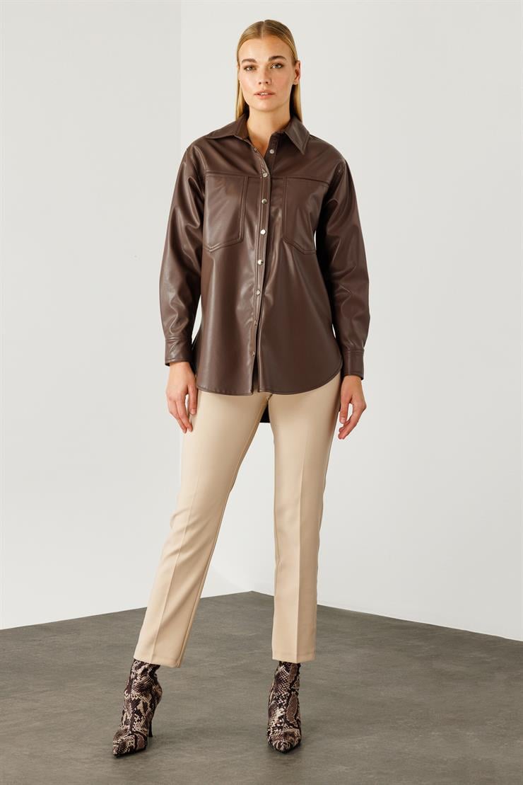 Modailgi  Düşük Omuzlu Deri Gömlek Kahve