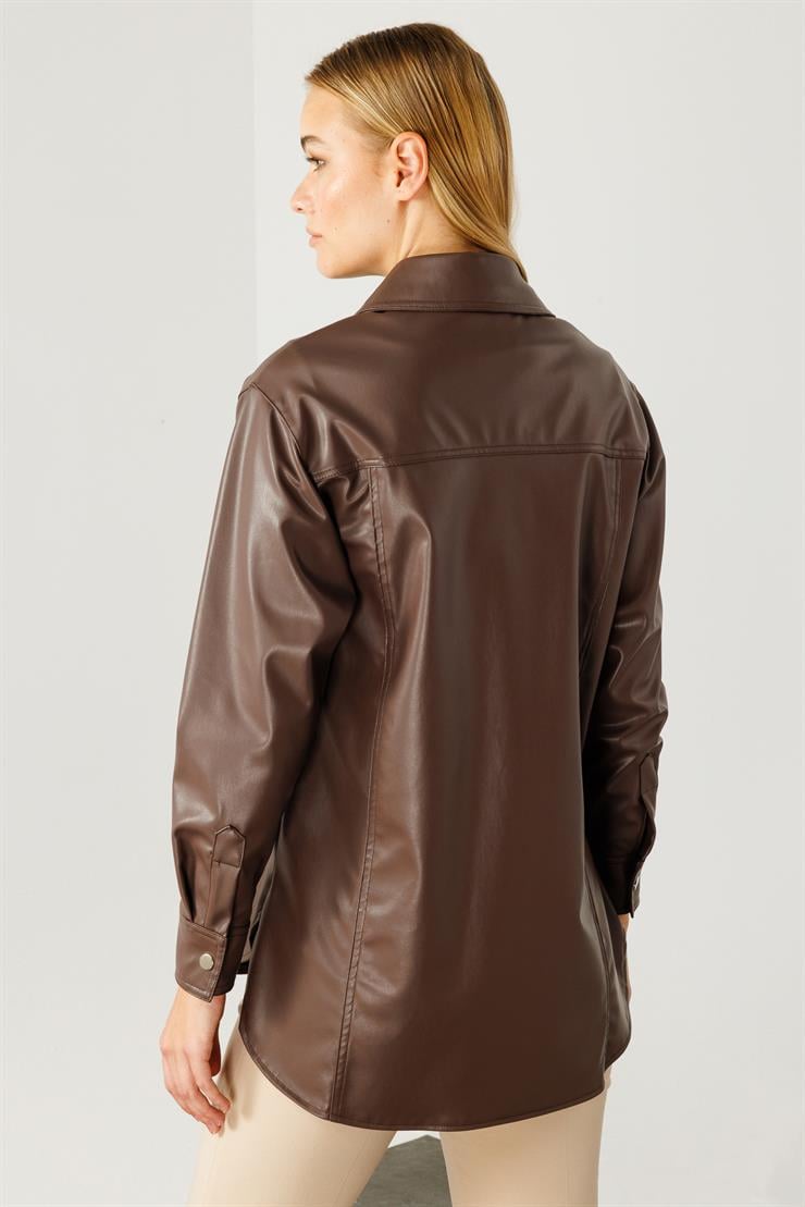 Modailgi  Düşük Omuzlu Deri Gömlek Kahve