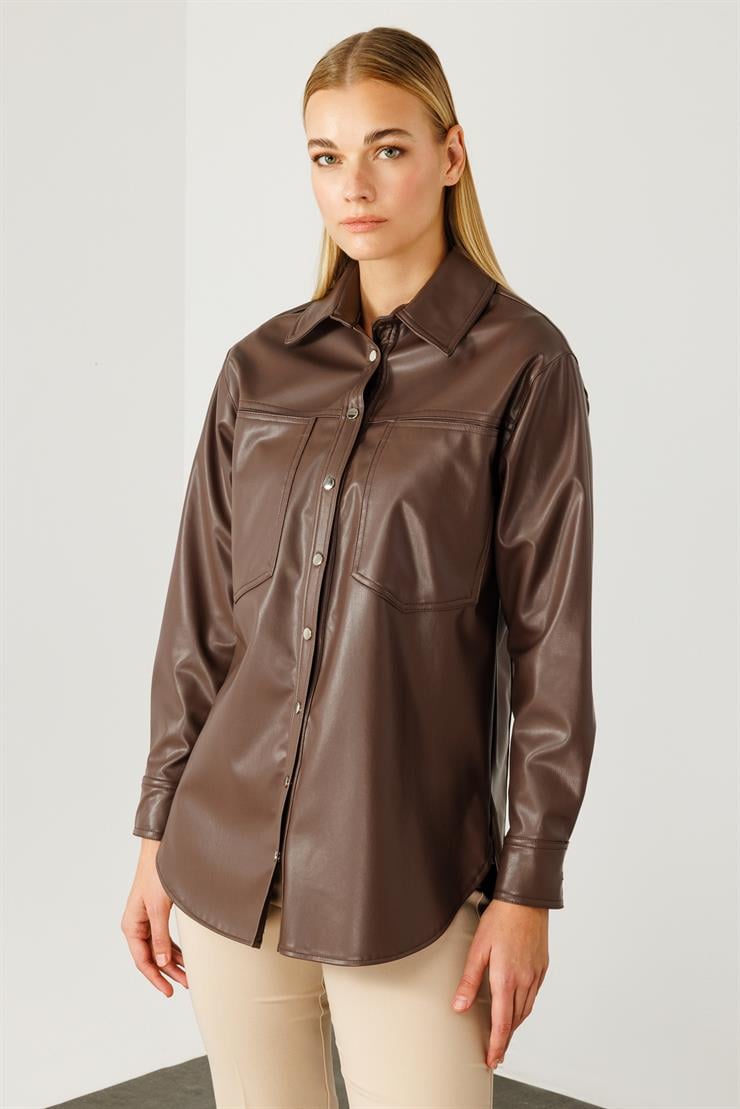Modailgi  Düşük Omuzlu Deri Gömlek Kahve