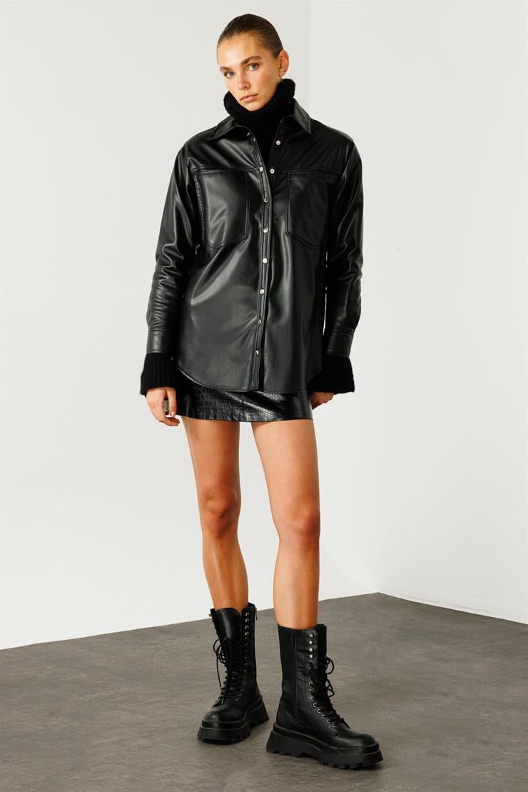 Modailgi  Düşük Omuzlu Deri Gömlek Siyah