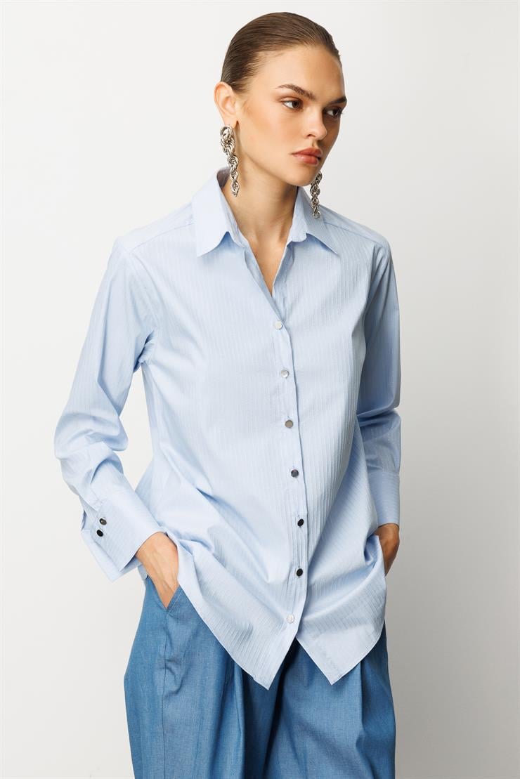 Modailgi  Düşük Omuzlu Simli Gömlek Mavi