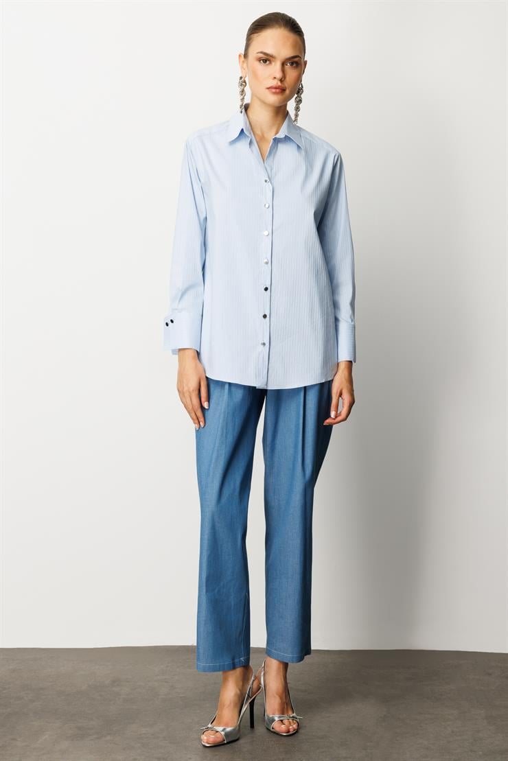 Modailgi  Düşük Omuzlu Simli Gömlek Mavi