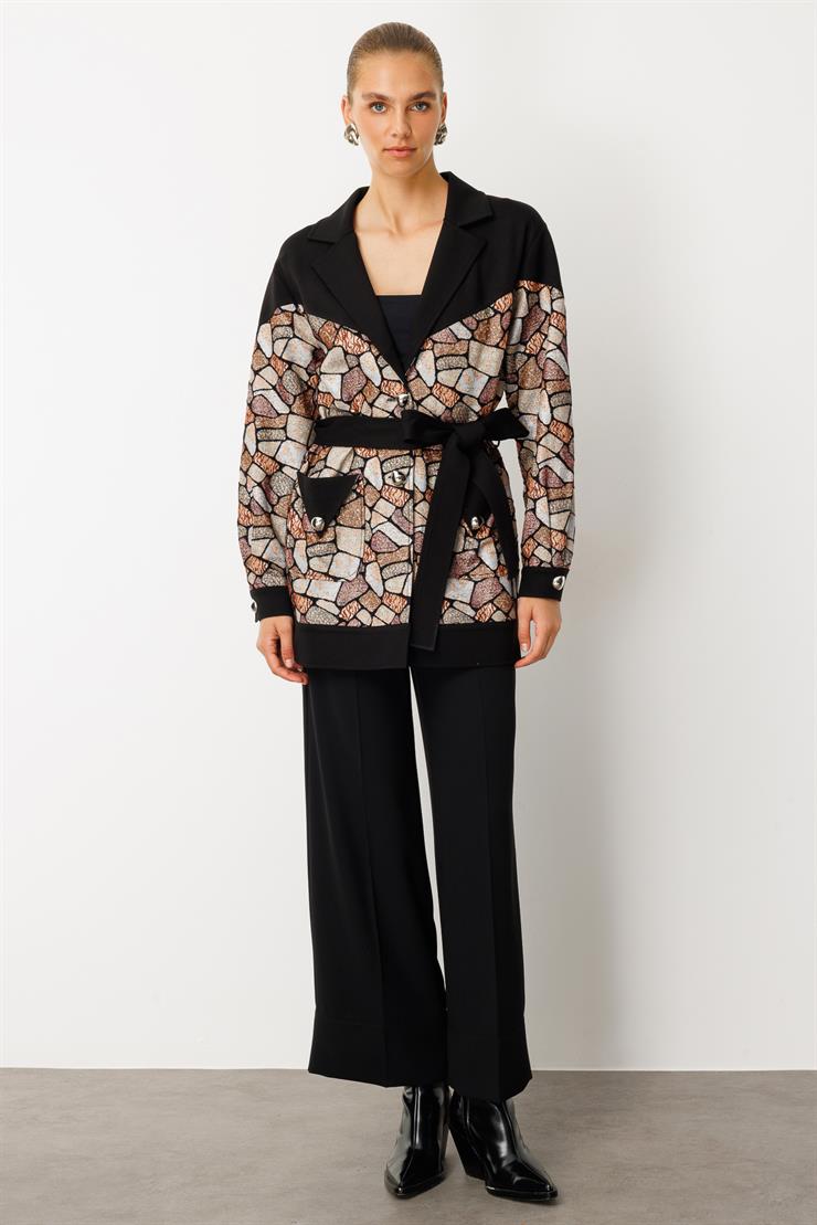 Modailgi  Düz Çelik Örme Kumaş Garnili Belden Kuşaklı Jakar Tunik Siyah