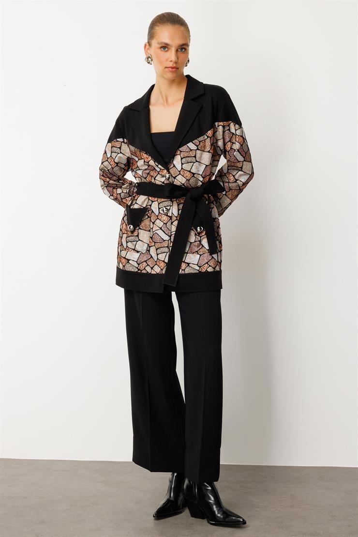 Modailgi  Düz Çelik Örme Kumaş Garnili Belden Kuşaklı Jakar Tunik Siyah