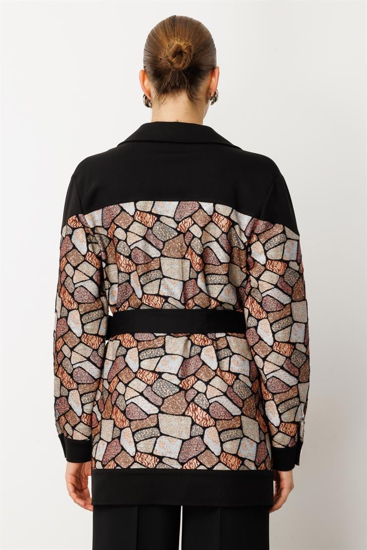 Modailgi  Düz Çelik Örme Kumaş Garnili Belden Kuşaklı Jakar Tunik Siyah