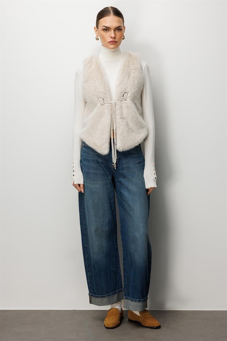 Modailgi  Düz Kısa Peluş Yelek Kemik