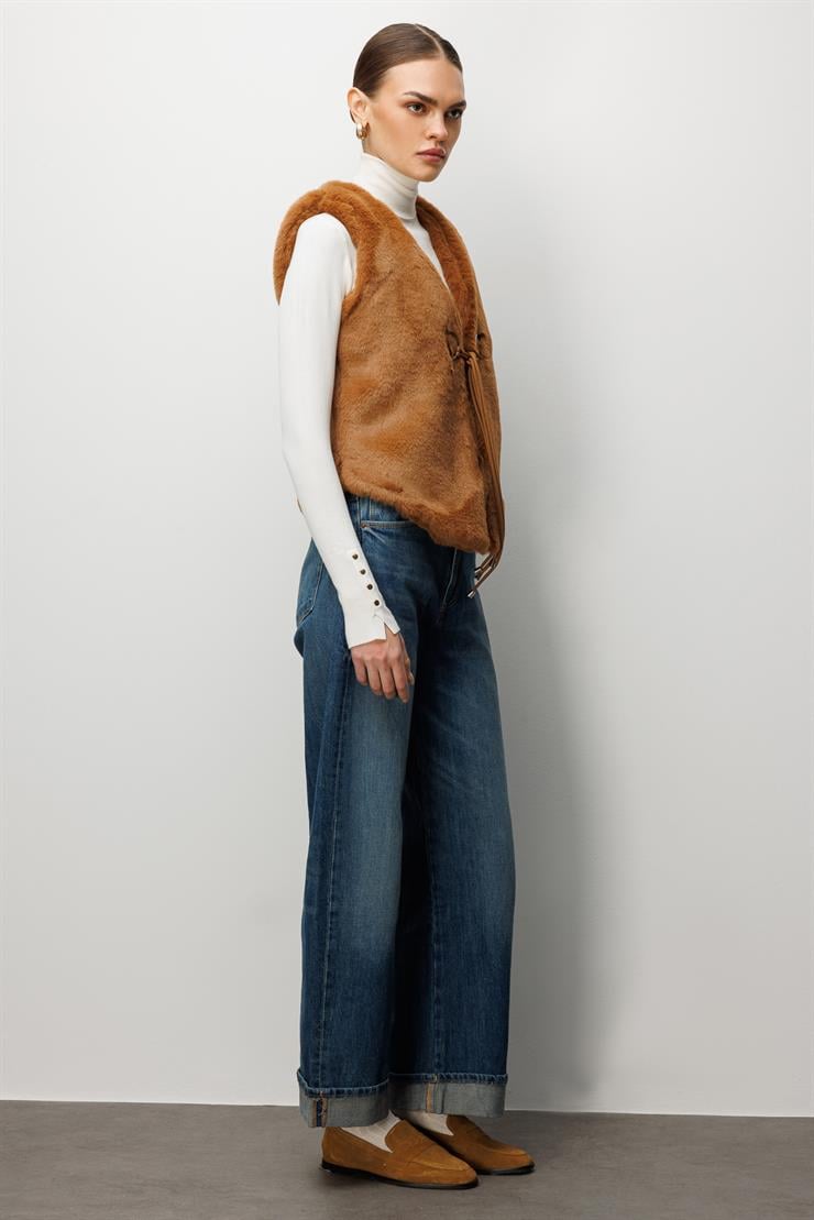 Modailgi  Düz Kısa Peluş Yelek Taba