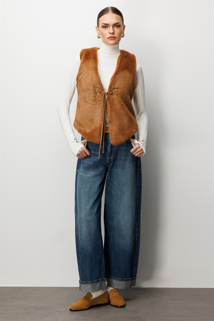 Modailgi  Düz Kısa Peluş Yelek Taba