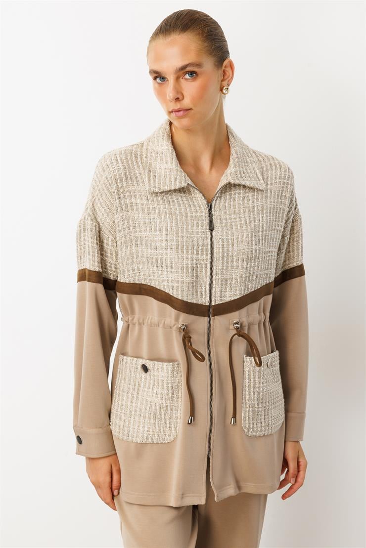 Modailgi  Düz Kumaş Garni Detaylı Düşük Omuz Beli Tünel Bağcıklı Oversize Tunik - 40051 Vizon