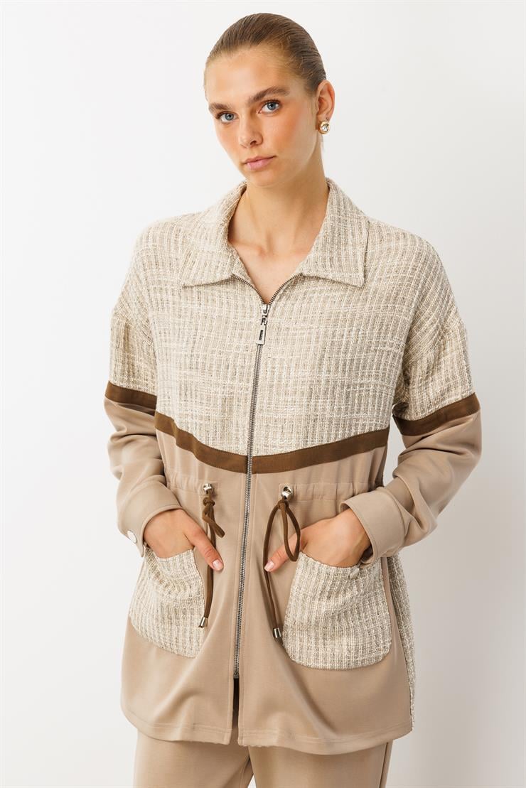 Modailgi  Düz Kumaş Garni Detaylı Düşük Omuz Beli Tünel Bağcıklı Oversize Tunik - 40051 Vizon